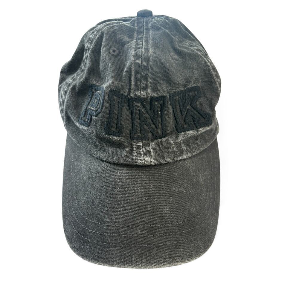 PINK Victoria Secret Hat Cap Adjustable Strap Black Spelled Out Logo One Size